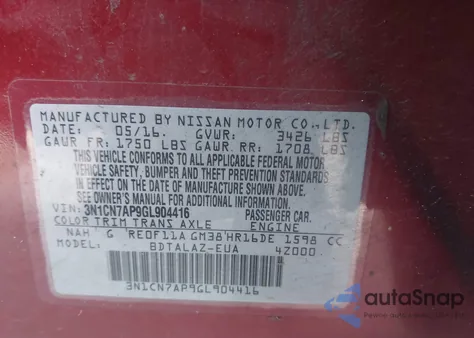 2016 Nissan Versa 1.6 S+ z USA, uszkodzony, nr VIN 3N1CN7AP9GL904416